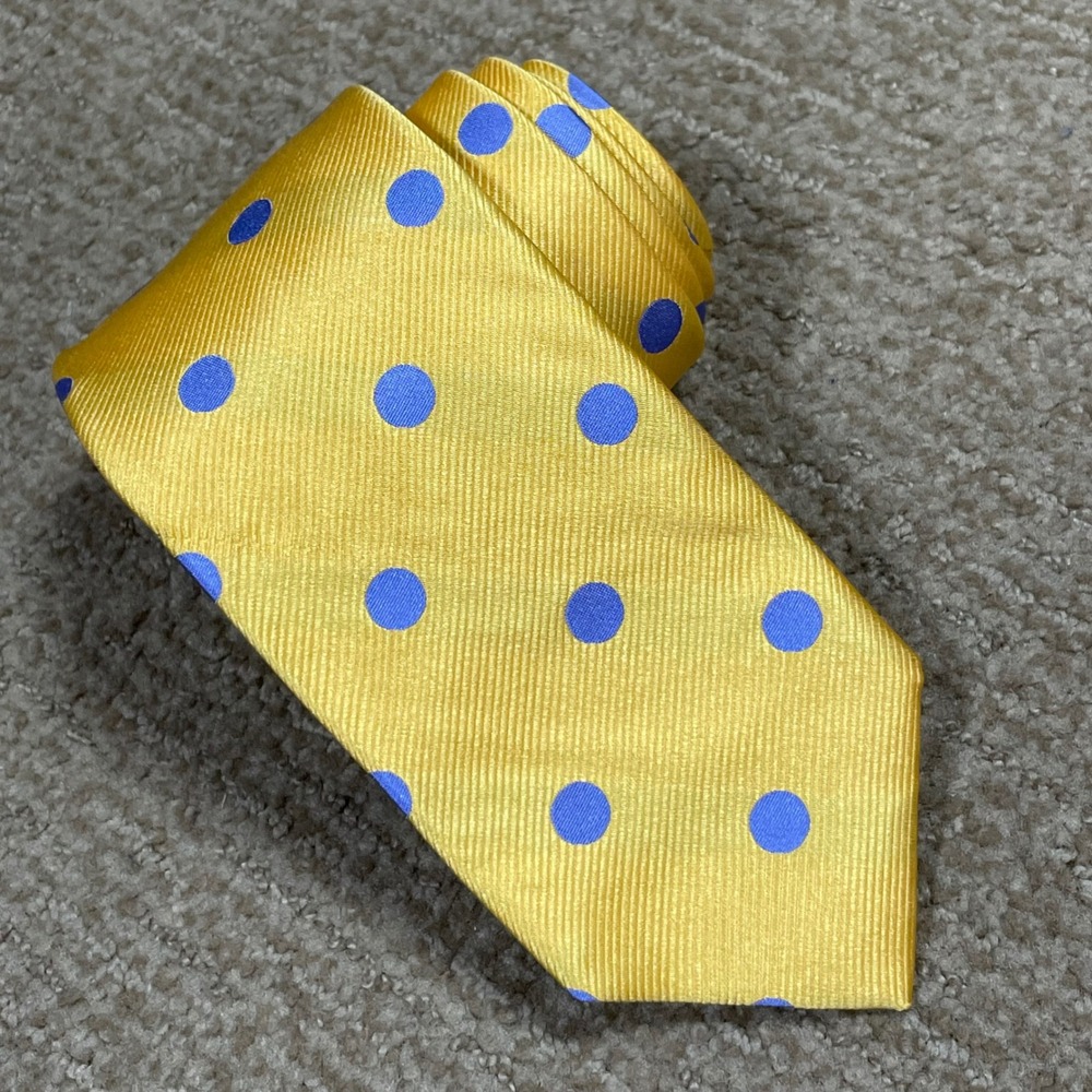 Robert Talbott Necktie Yellow Blue Polka Dot Silk Best of Class Preppy Handmade